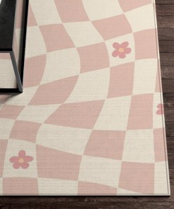 Retro Checkered Pink Pastel Rug for Soft Bedroom Aesthetic in Living Room or Kids Room