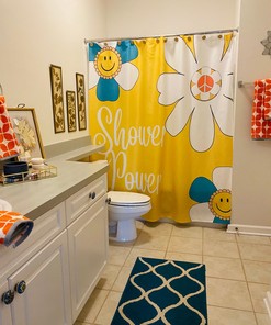 Retro Cheerful Yellow Groovy Flower Shower Curtain for 70s Vibes