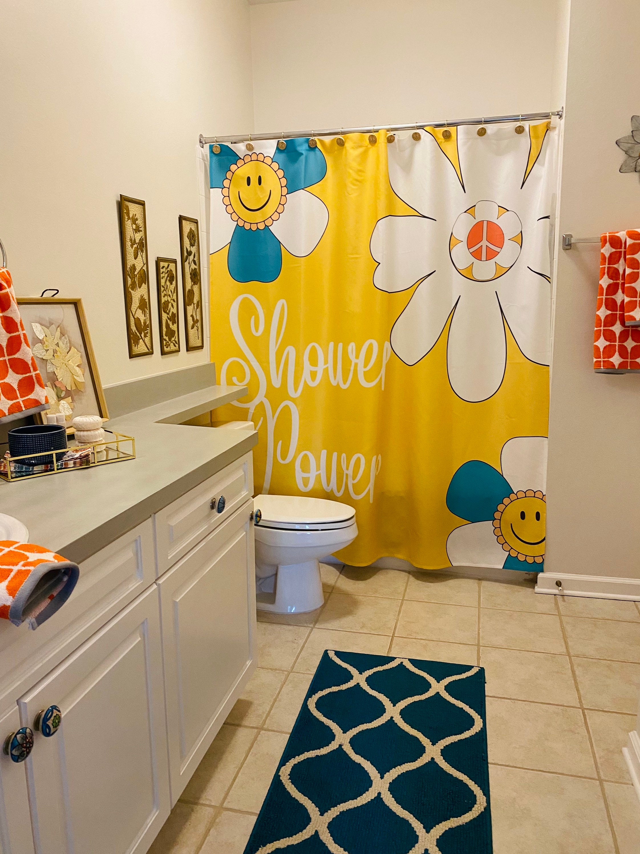 Retro Cheerful Yellow Groovy Flower Shower Curtain for 70s Vibes