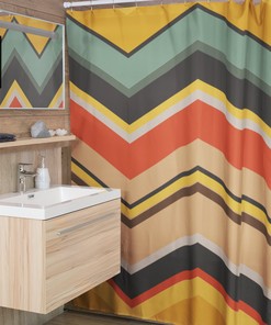 Retro Chevron Shower Curtain, Nostalgic 70's Zigzag Bathroom Accessories with Groovy Touch