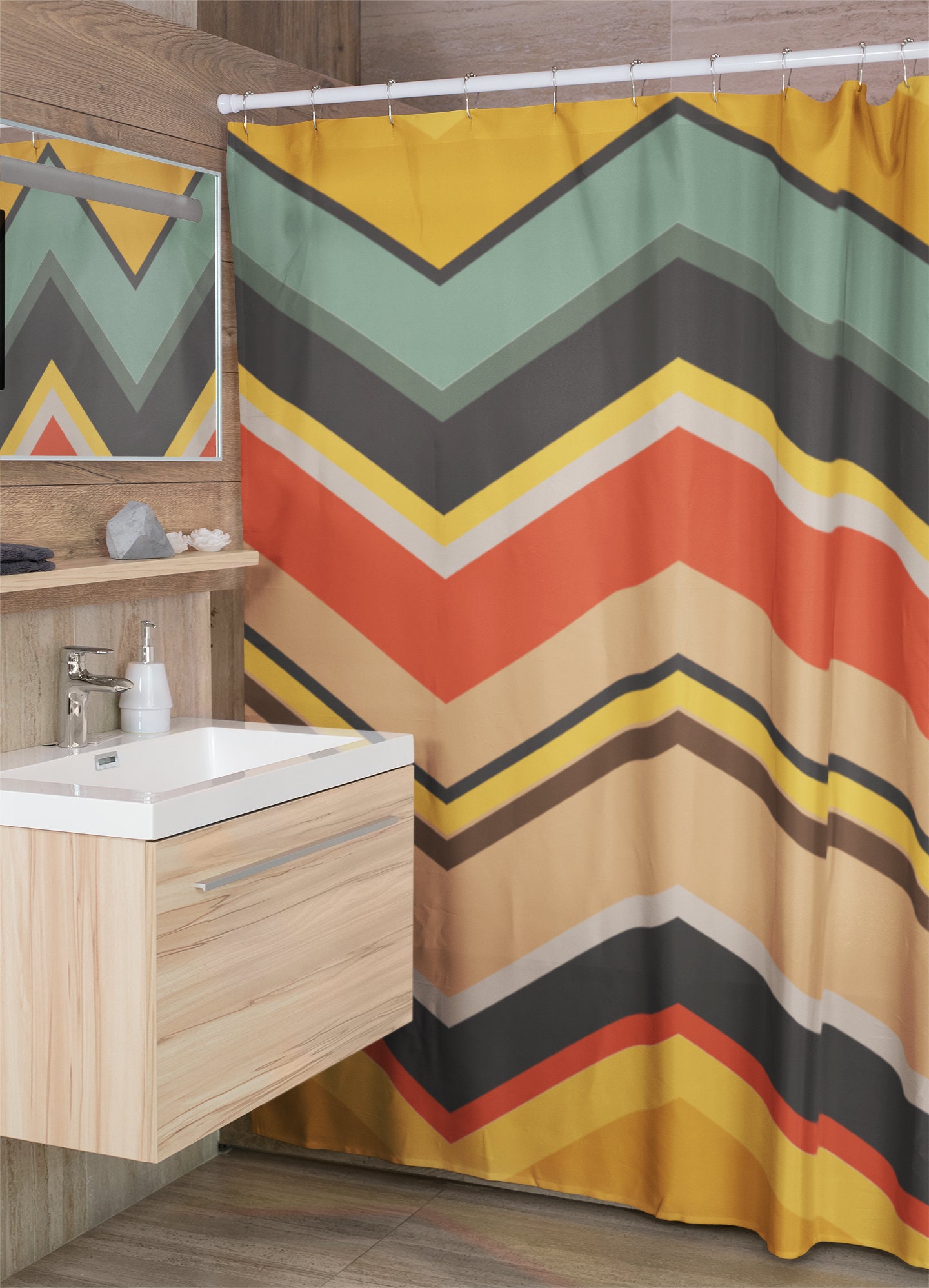 Retro Chevron Shower Curtain, Nostalgic 70's Zigzag Bathroom Accessories with Groovy Touch