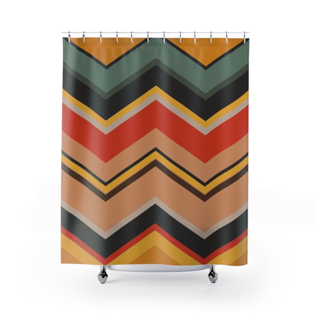 Retro Chevron Shower Curtain, Nostalgic 70's Zigzag Bathroom Accessories with Groovy Touch - Image 2