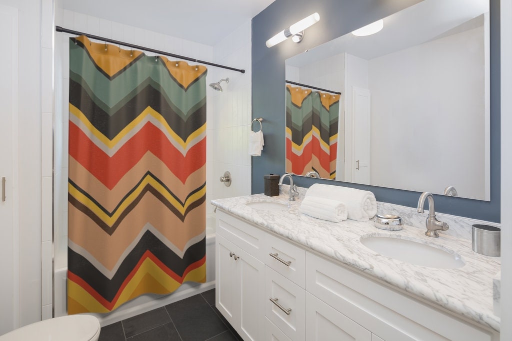 Retro Chevron Shower Curtain, Nostalgic 70's Zigzag Bathroom Accessories with Groovy Touch - Image 3