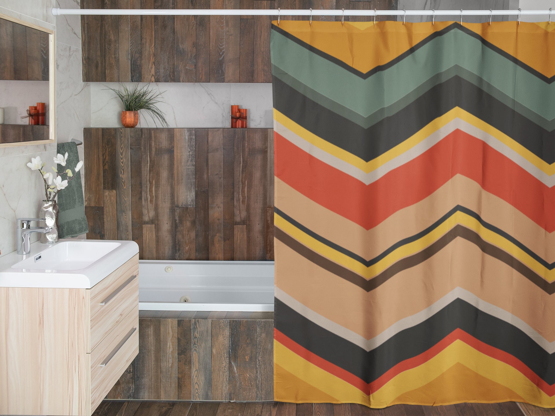 Retro Chevron Shower Curtain, Nostalgic 70's Zigzag Bathroom Accessories with Groovy Touch - Image 4