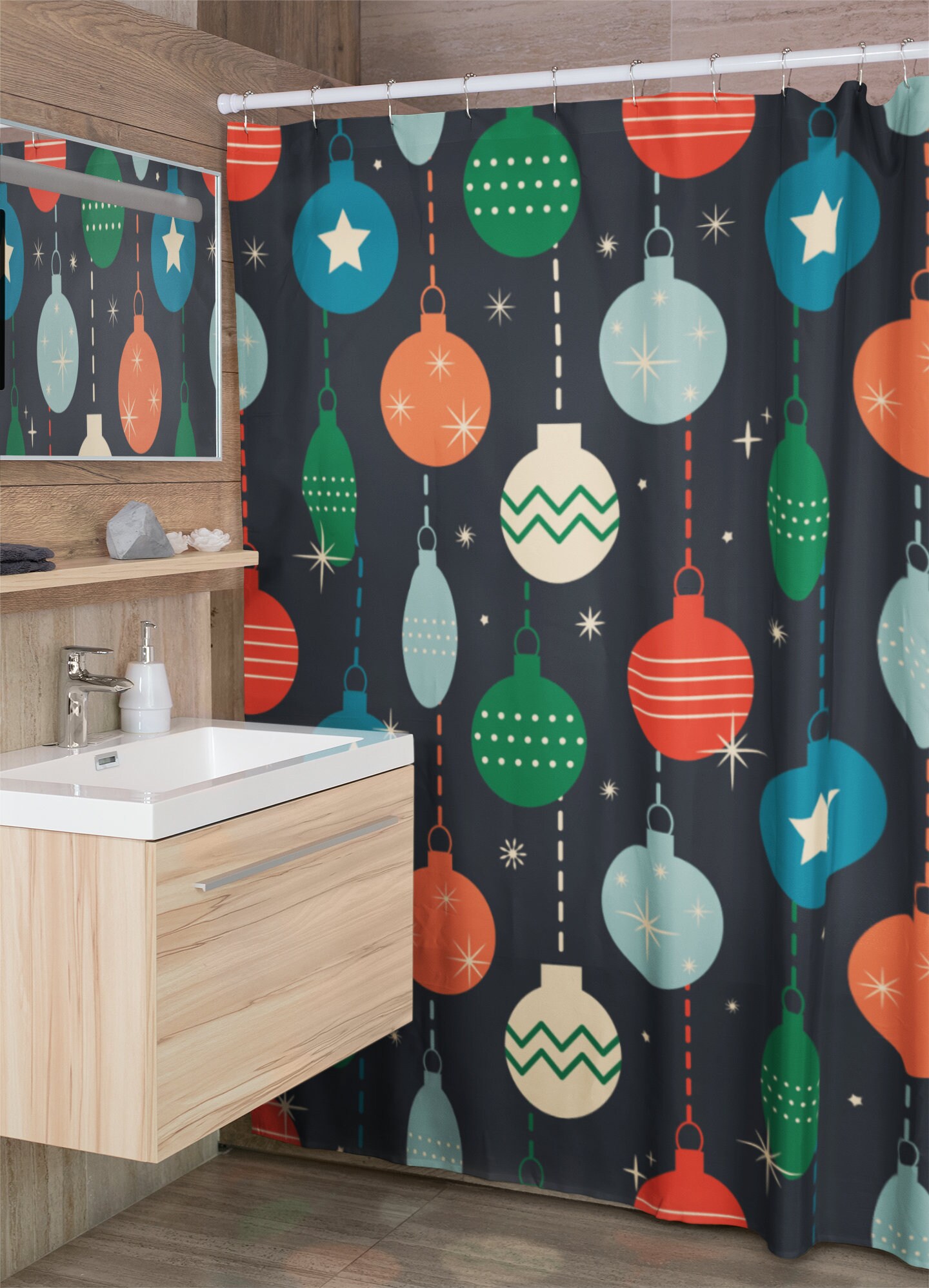 Retro Christmas Bathroom Decor Set with Shower Curtain, Tub Curtain and Decorations For Bathroom