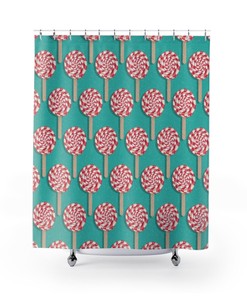 Retro Christmas Candy Cane Shower Curtain, Festive Bathroom Decor, Holiday Tub Accessory
