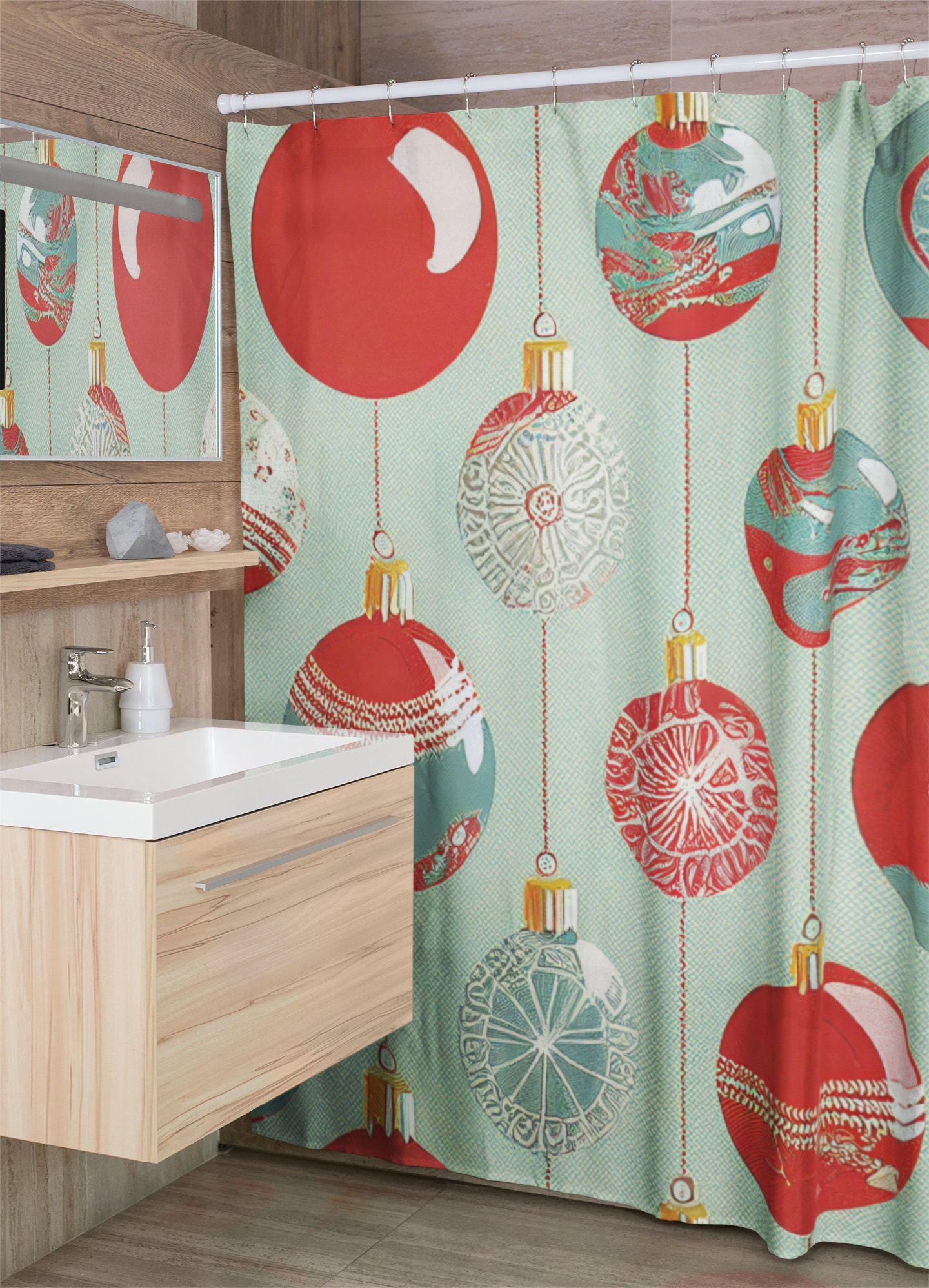 Retro Christmas Shower Curtain, Festive Holiday Bathroom Decor