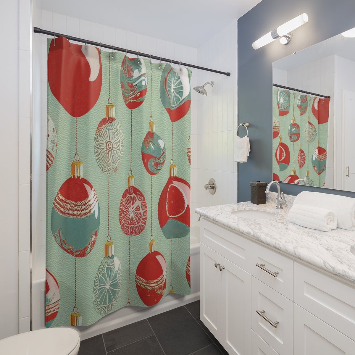 Retro Christmas Shower Curtain, Festive Holiday Bathroom Decor - Image 3