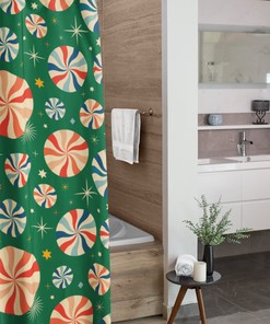 Retro Christmas Tub Curtain, Holiday Bathroom Decor