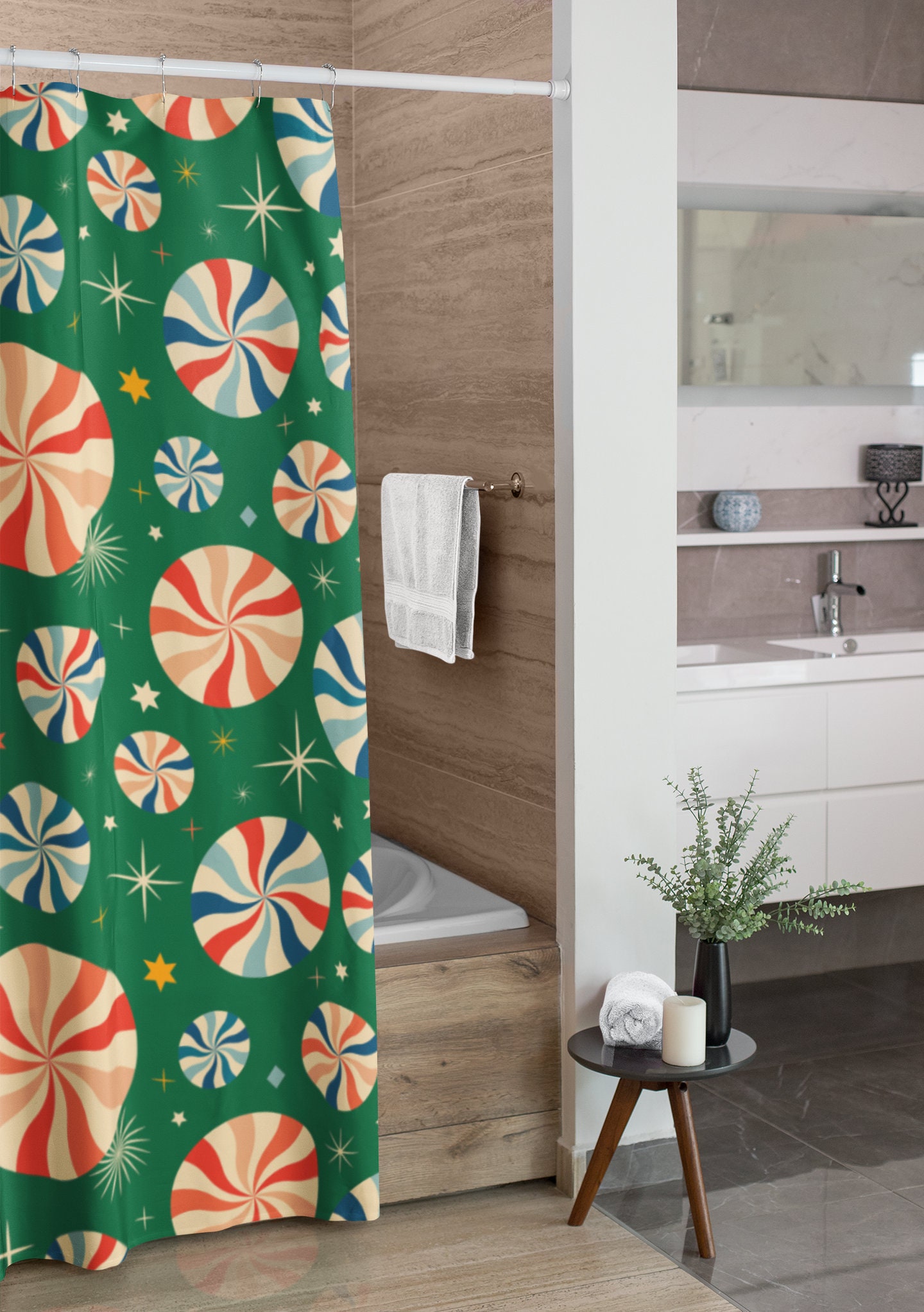Retro Christmas Tub Curtain, Holiday Bathroom Decor