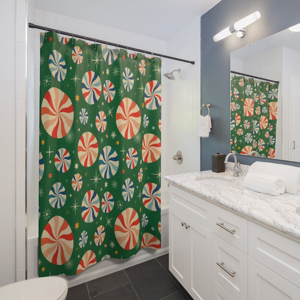 Retro Christmas Tub Curtain, Holiday Bathroom Decor - Image 3