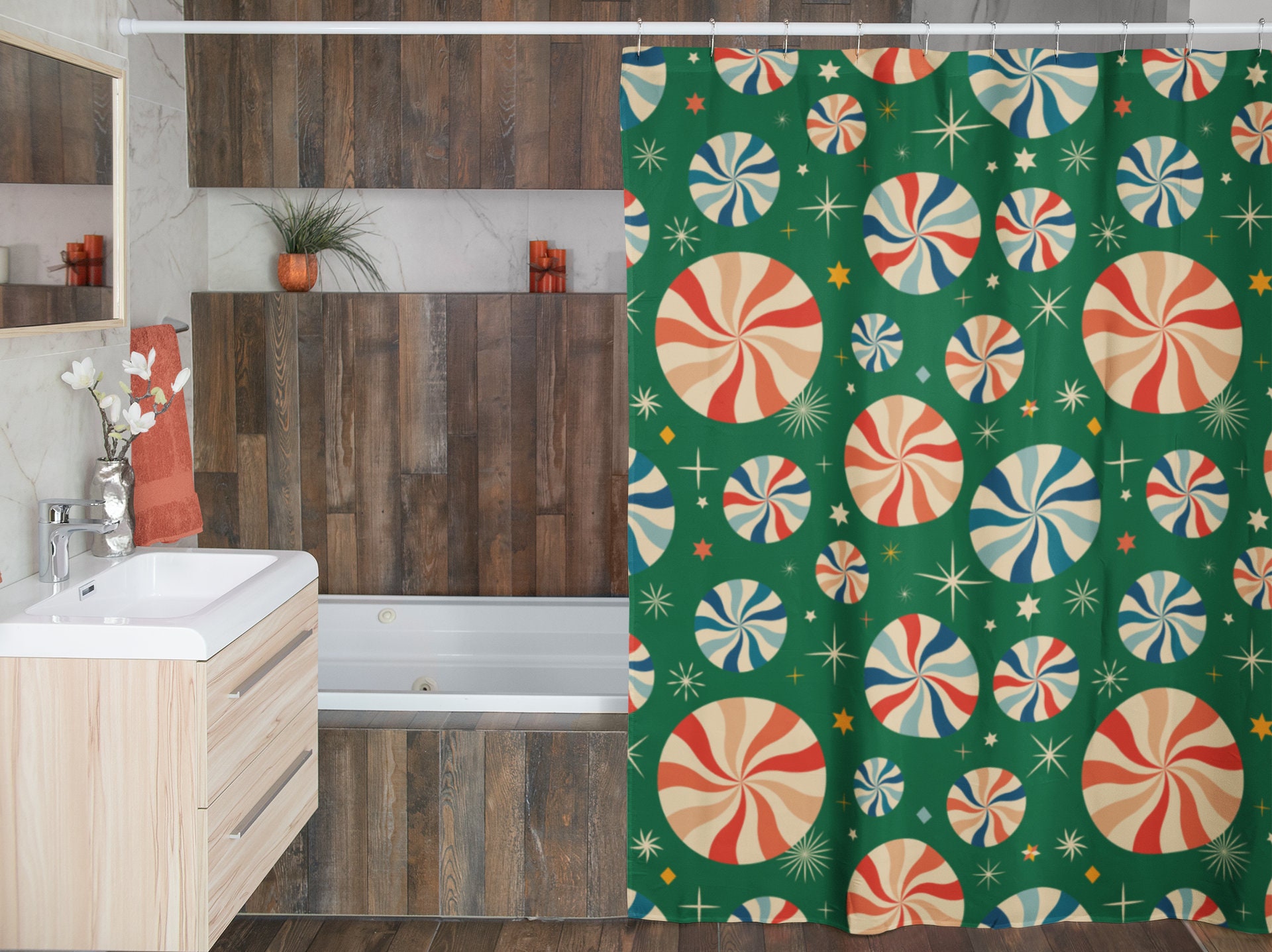 Retro Christmas Tub Curtain, Holiday Bathroom Decor - Image 4