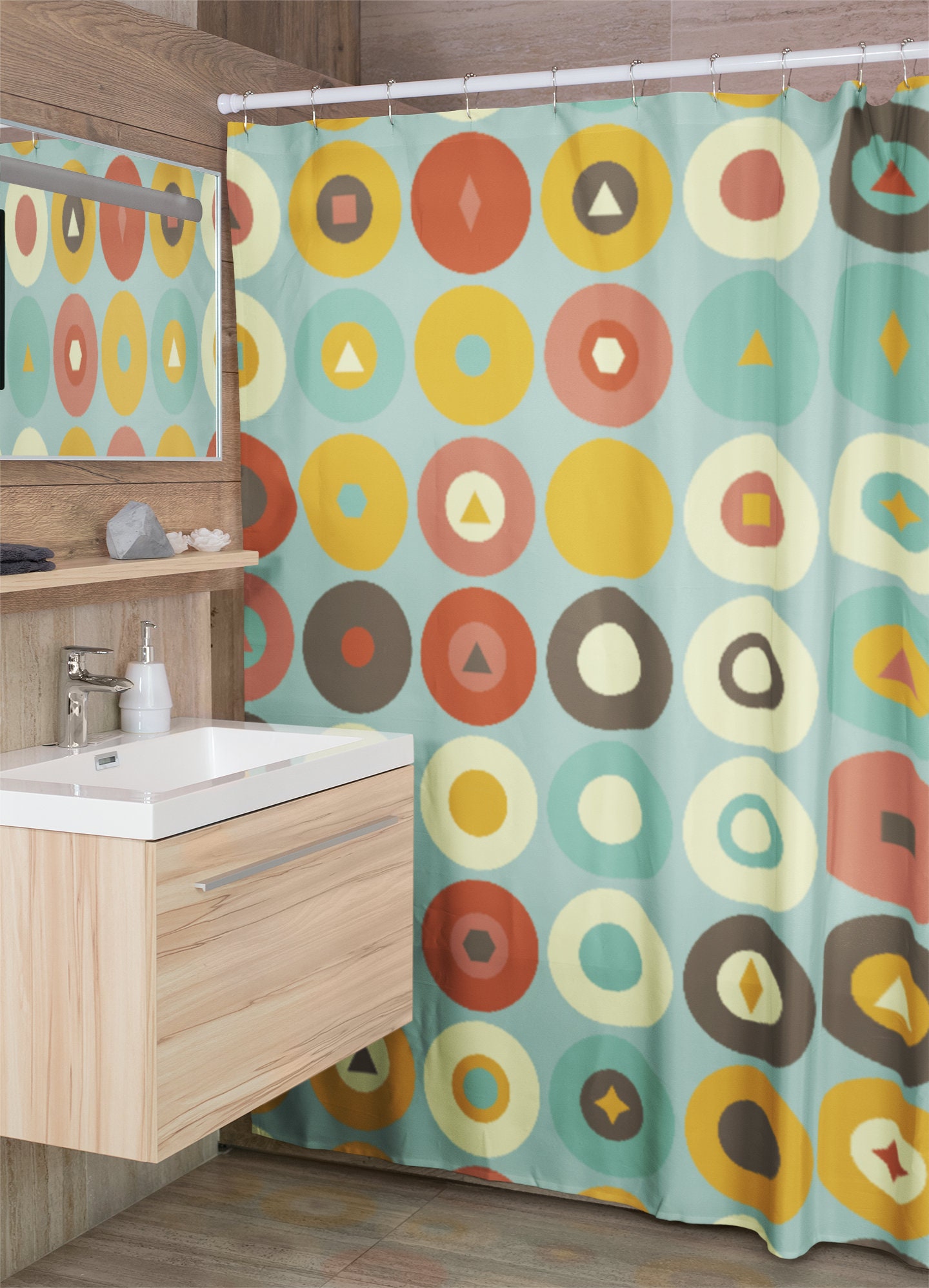 Retro Circle Shower Curtain, Groovy Hippie Bathroom Decor, 1970s Inspired Tub Accessory