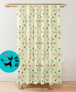 Retro Clock and Starburst Beige, Teal, and Yellow Mid Century Modern Shower Curtain for Modernist Style