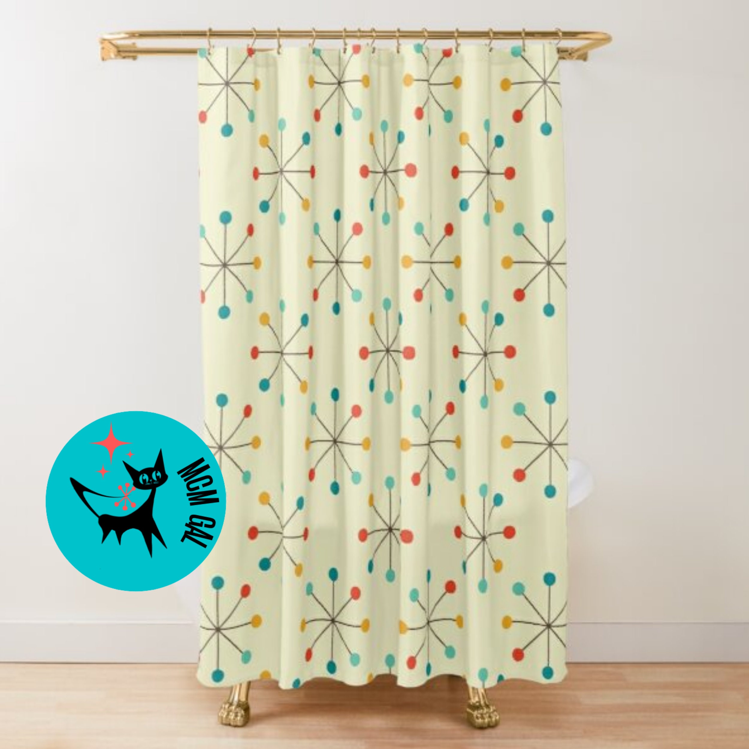 Retro Clock and Starburst Beige, Teal, and Yellow Mid Century Modern Shower Curtain for Modernist Style