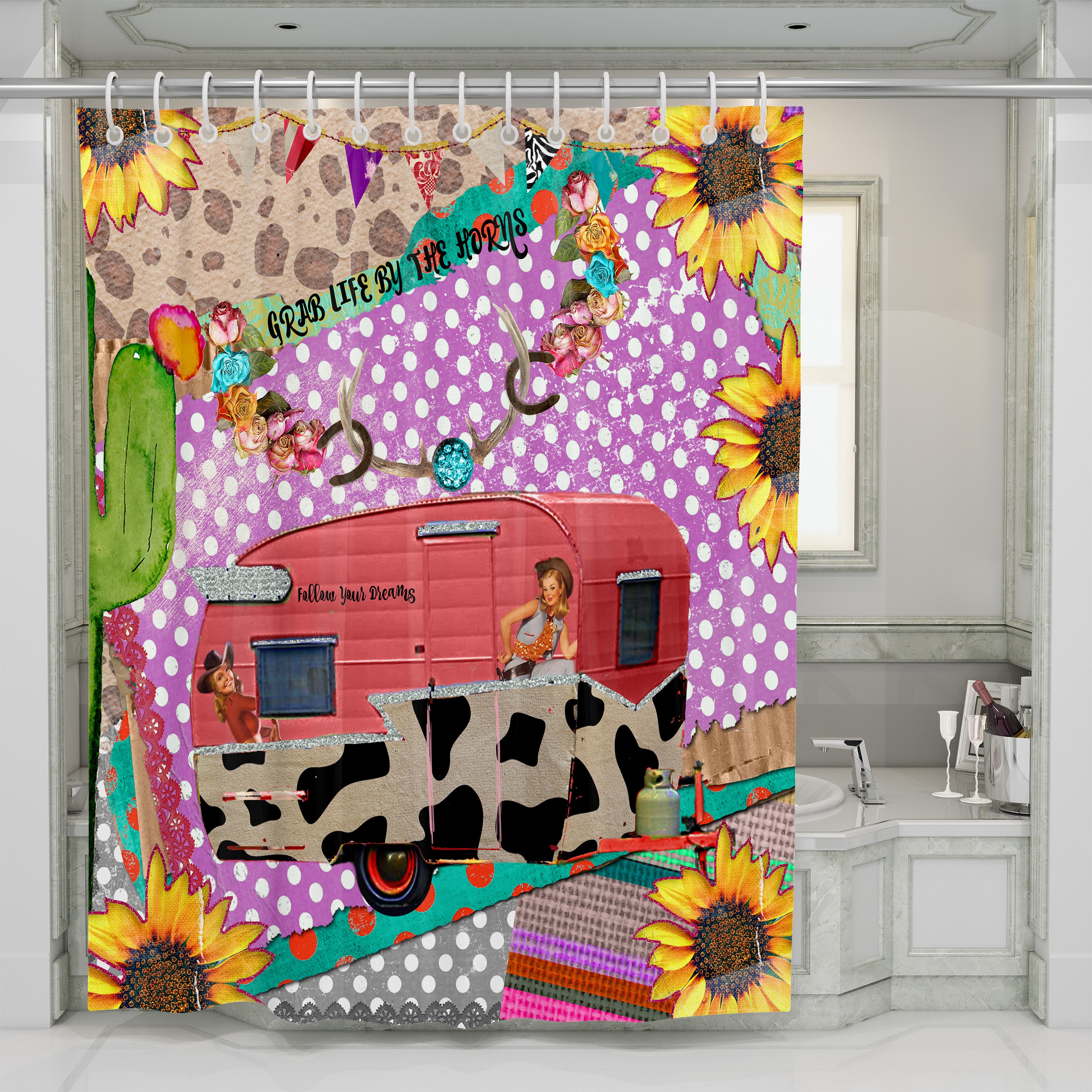 Retro Collage Shower Curtain | FolkNFunky Bathroom Decor | Vintage Bath Curtain - Image 2