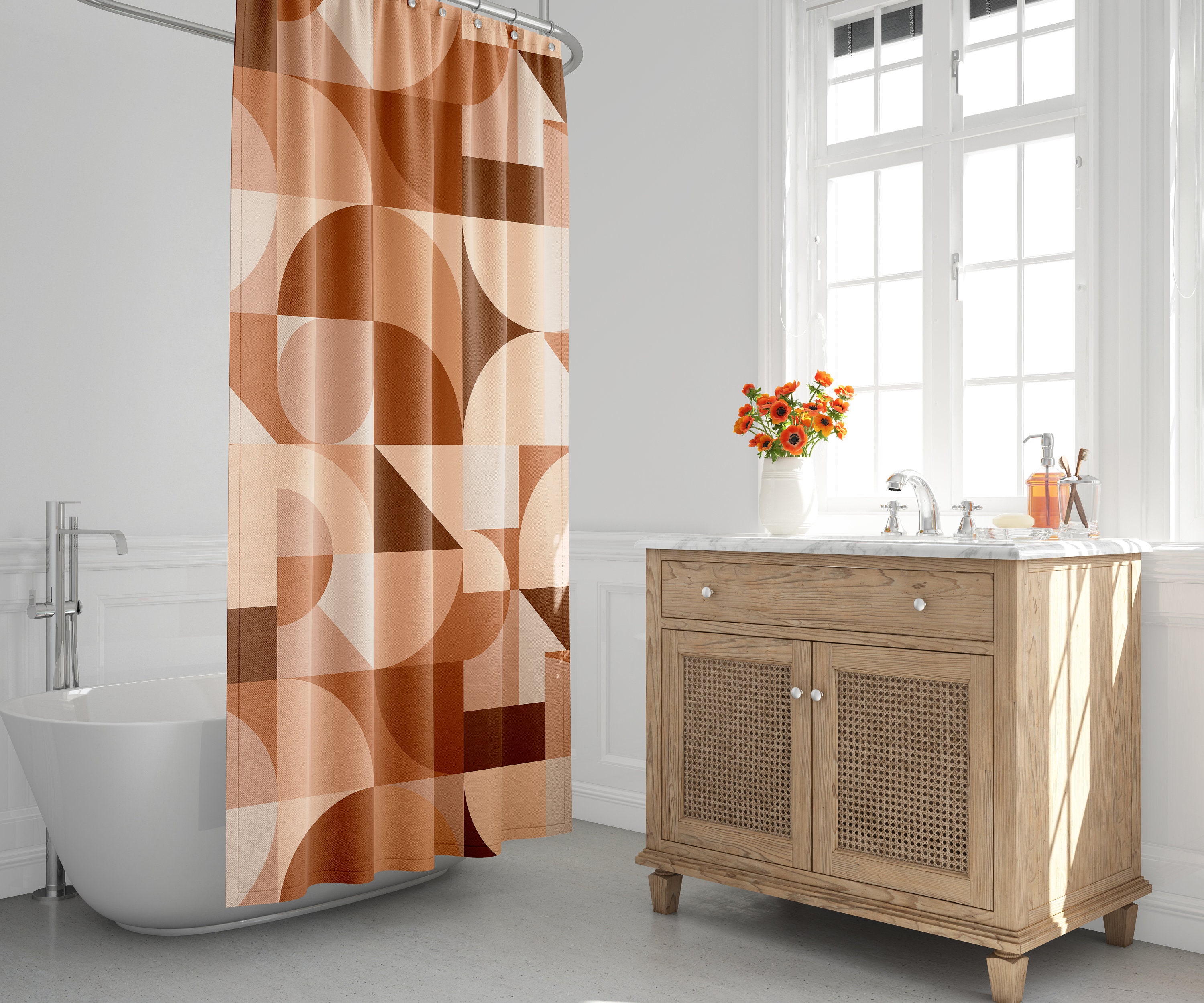 Retro Color Block Mid Century Modern Bath Curtain - Geometric Abstract Design for a Boho Bathroom