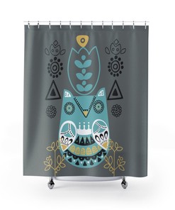 Retro Curtain Floral Folk Art Owl Abstract Scandinavian Danish Shower Curtain with Denmark Design