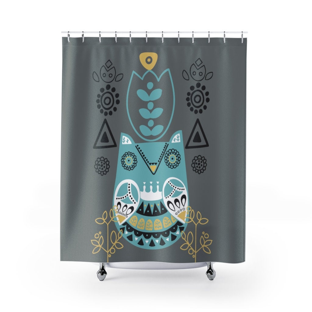 Retro Curtain Floral Folk Art Owl Abstract Scandinavian Danish Shower Curtain with Denmark Design