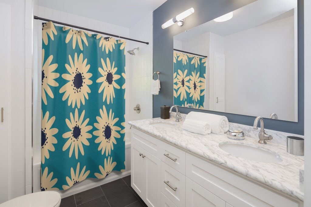 Retro Daisy Flowers Mod Boho Shower Curtain - Funky and Groovy Bathroom Decor for the 70's - Image 2
