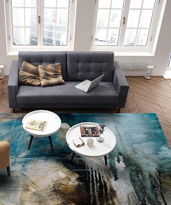 Retro European Blue Brown Gradient Texture Area Rug with 70s Retro Vibe for Living Room or Bedroom