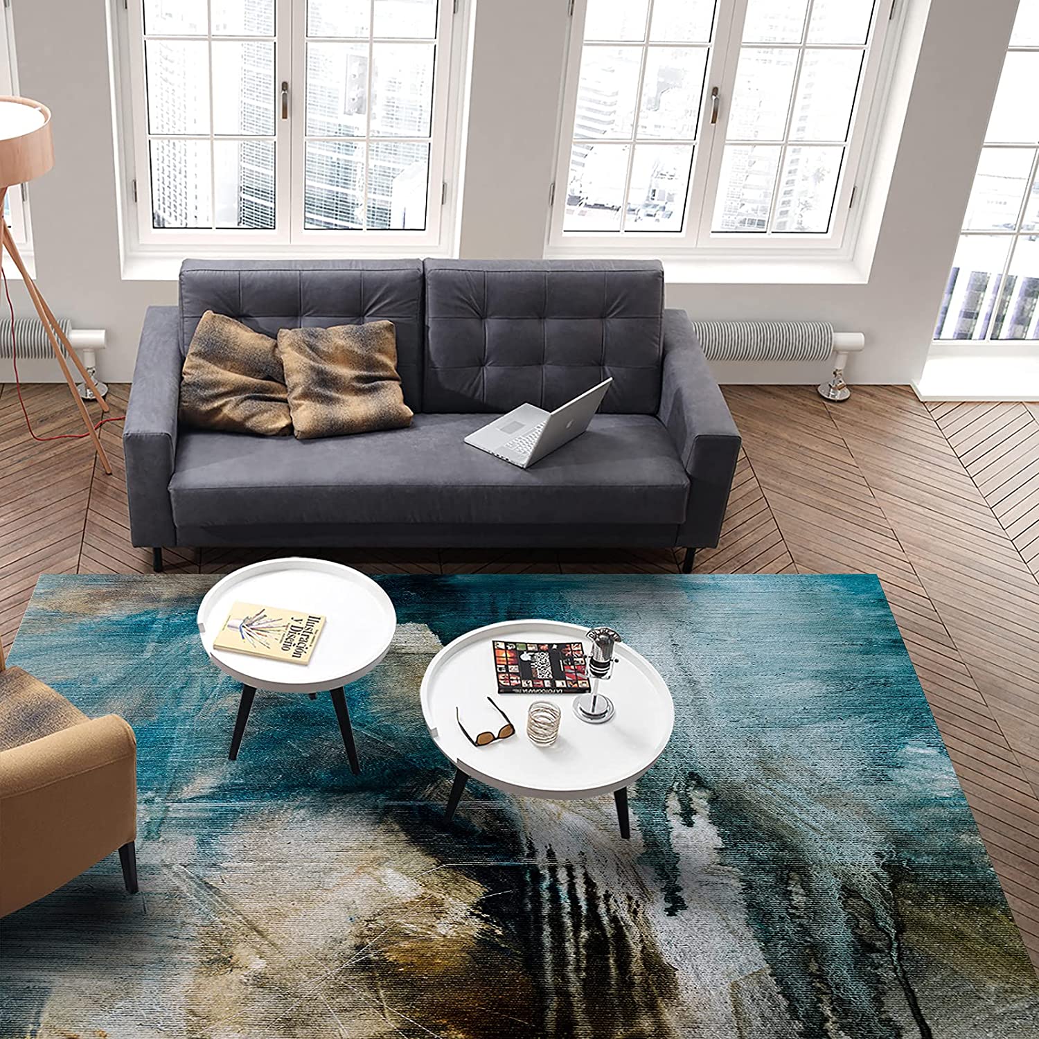 Retro European Blue Brown Gradient Texture Area Rug with 70s Retro Vibe for Living Room or Bedroom