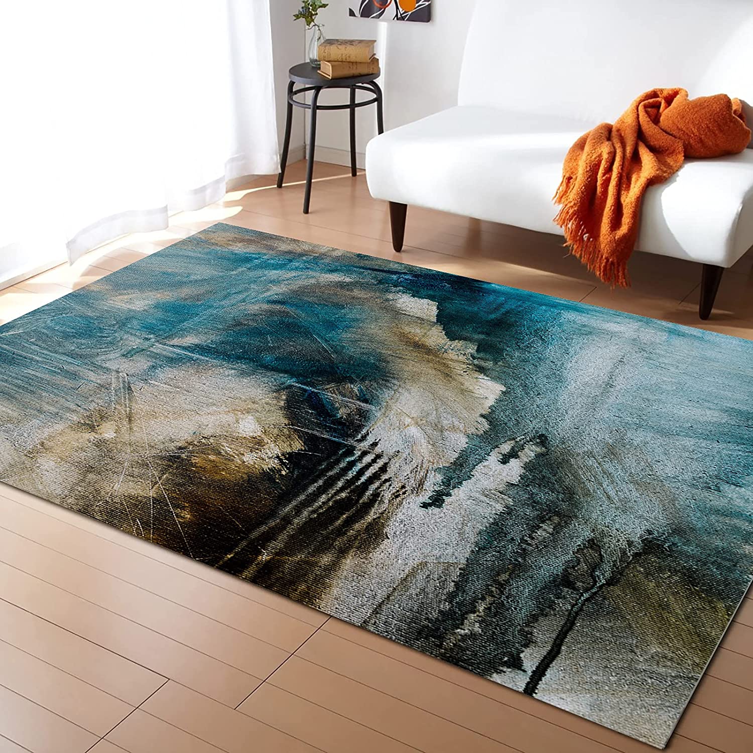 Retro European Blue Brown Gradient Texture Area Rug with 70s Retro Vibe for Living Room or Bedroom - Image 2