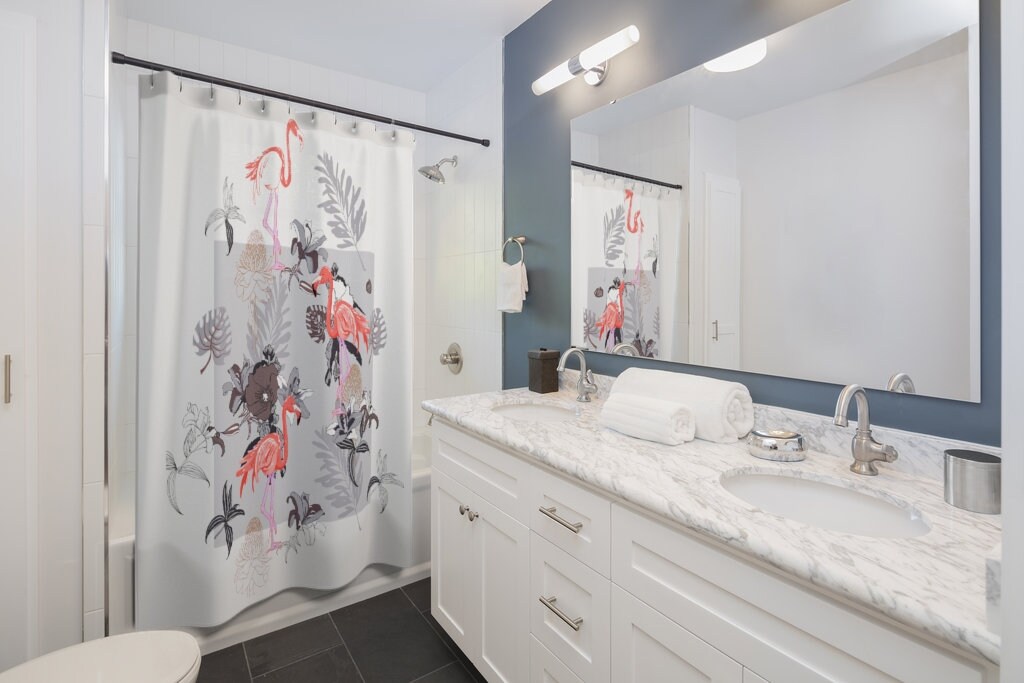 Retro Flamingo Tropical Shower Curtain with 50's Pink and Gray Mid Century Modern Design - Image 2