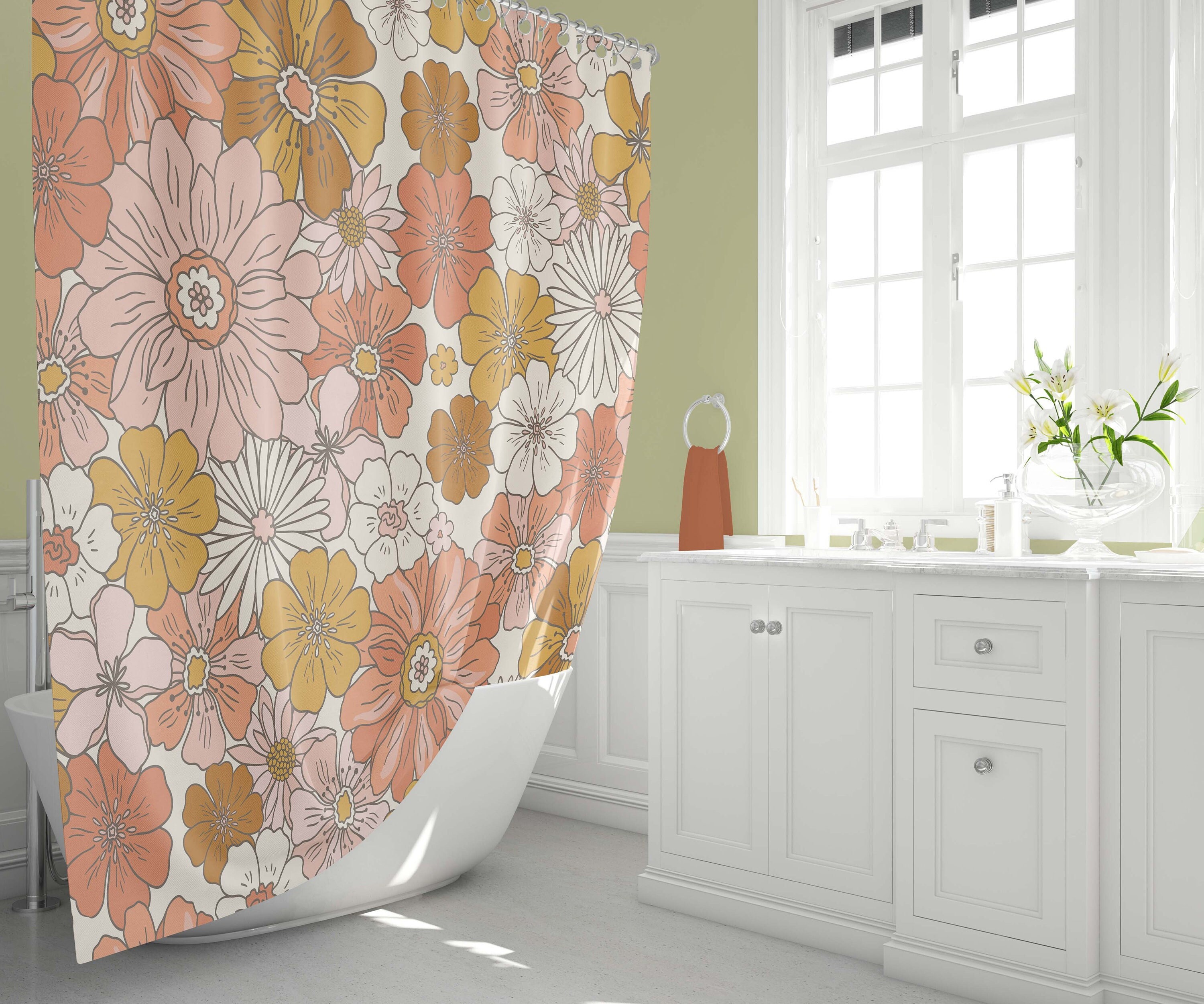Retro Floral Shower Curtain, Boho 60's 70's Hippie Bathroom Accessory, Vintage Curtain for Unique Vibe