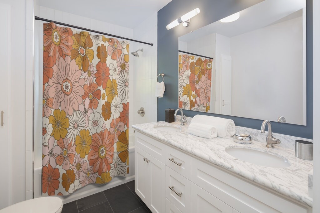 Retro Floral Shower Curtain, Boho 60's 70's Hippie Bathroom Accessory, Vintage Curtain for Unique Vibe - Image 2