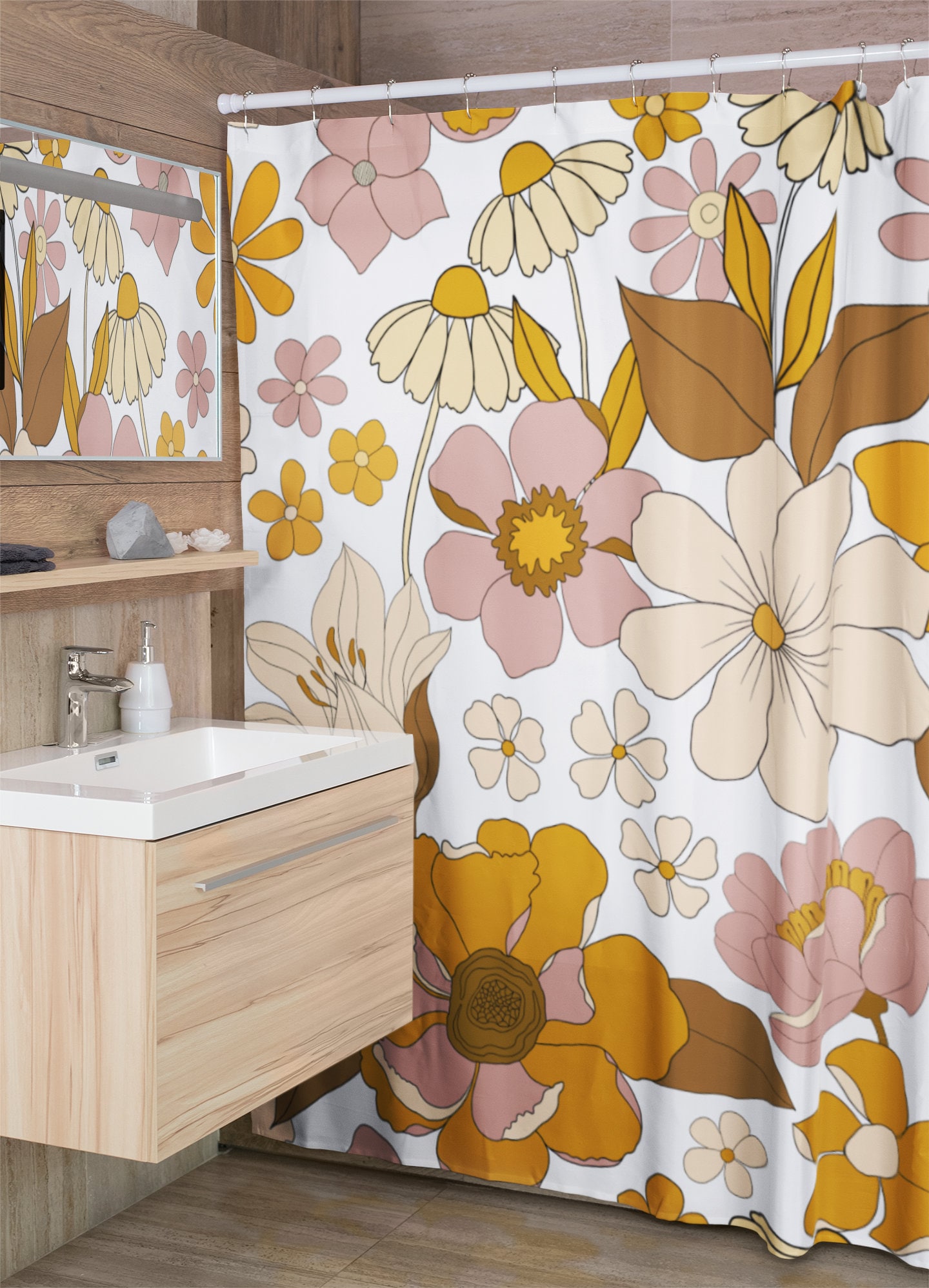 Retro Floral Shower Curtain, Boho 60's 70's Hippie Bathroom Accessory, Vintage Curtain with Fun Vibe