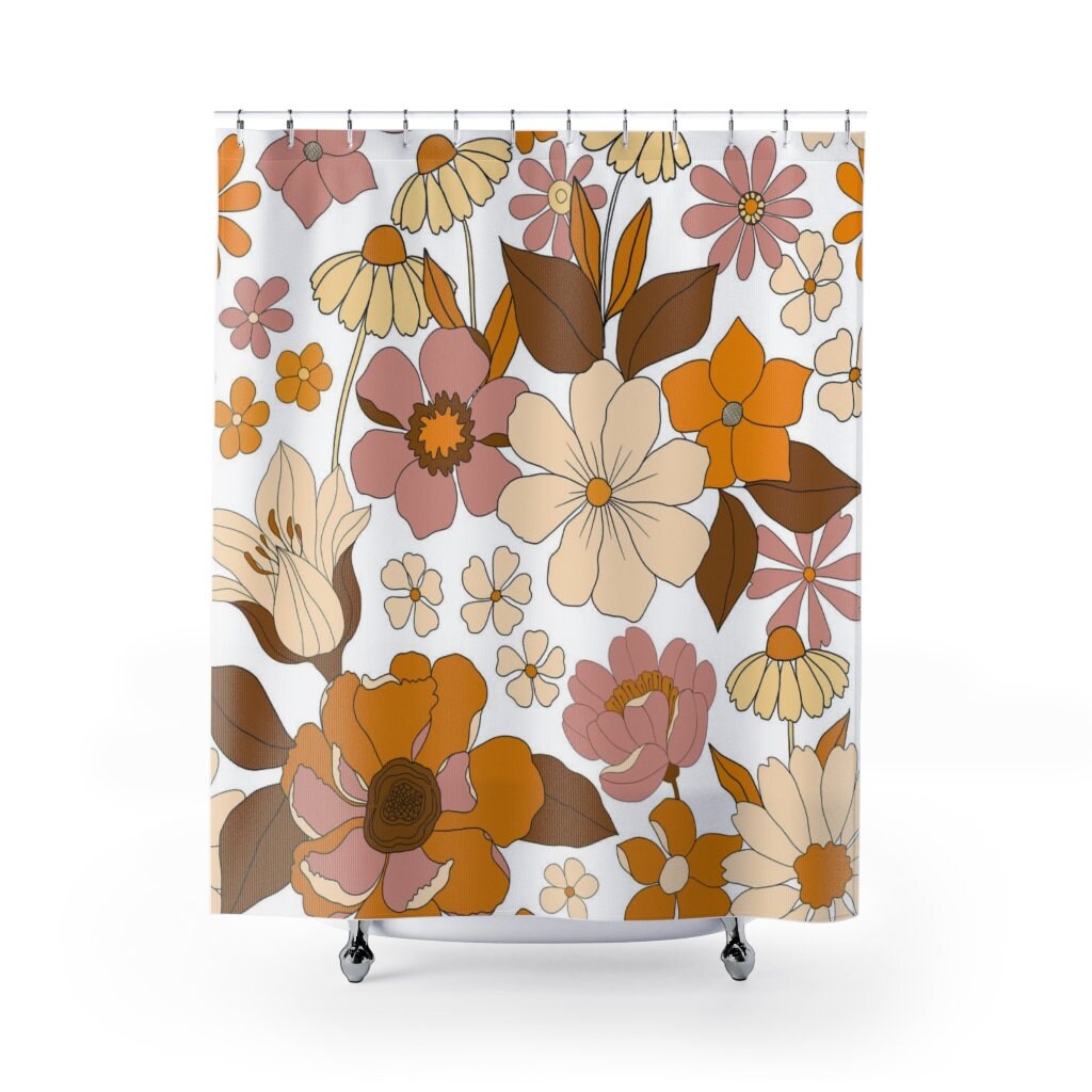 Retro Floral Shower Curtain, Boho 60's 70's Hippie Bathroom Accessory, Vintage Curtain with Fun Vibe - Image 2