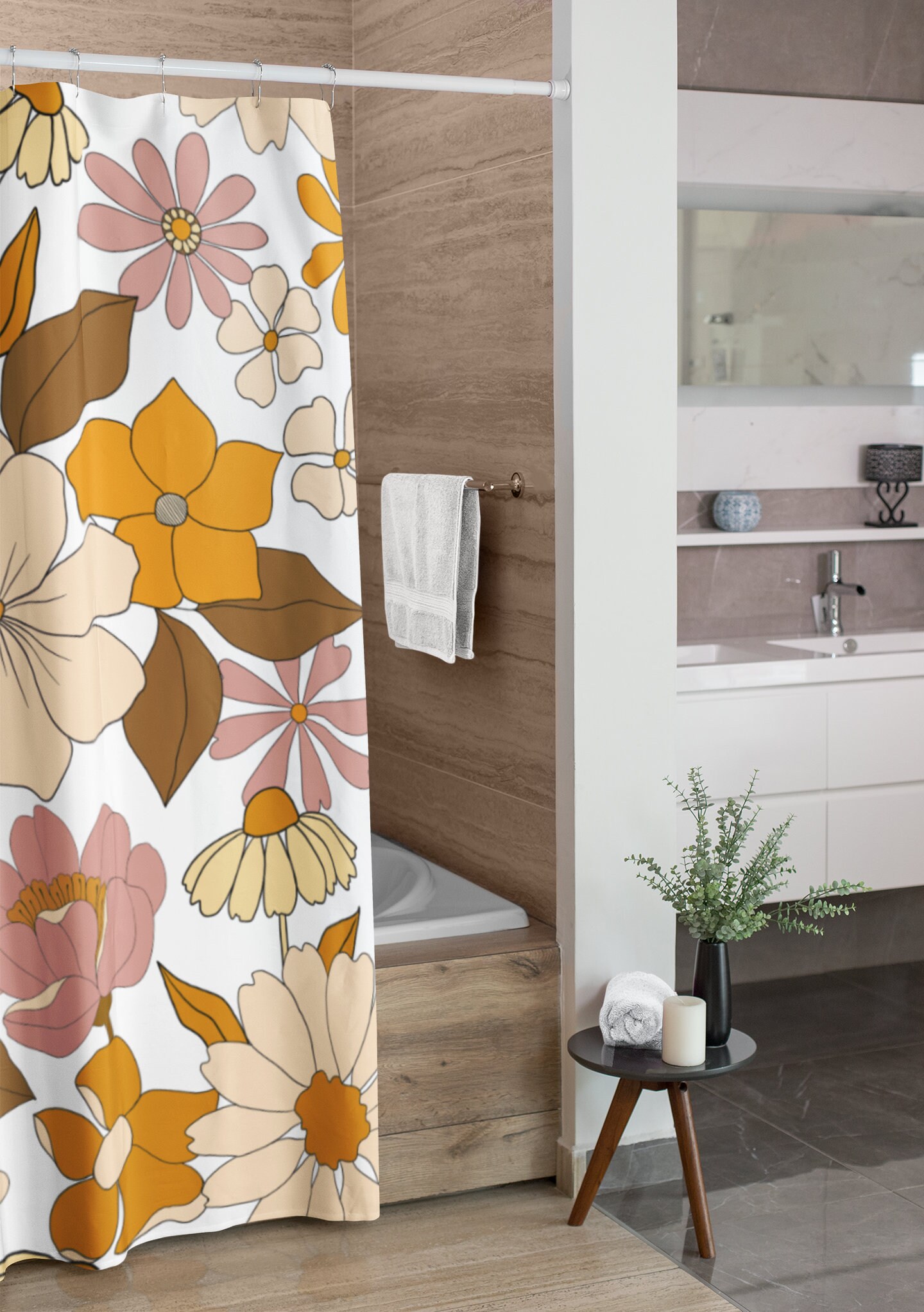 Retro Floral Shower Curtain, Boho 60's 70's Hippie Bathroom Accessory, Vintage Curtain with Fun Vibe - Image 3