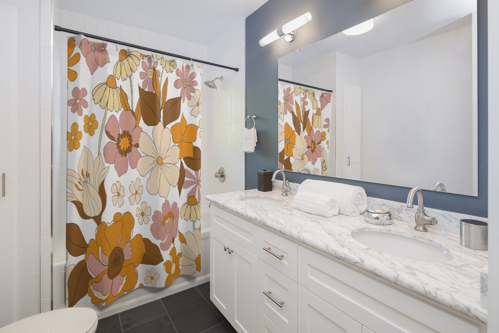 Retro Floral Shower Curtain, Boho 60's 70's Hippie Bathroom Accessory, Vintage Curtain with Fun Vibe - Image 4