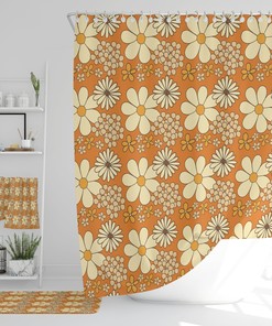 Retro Flower Bathroom Curtain Set, Shower Curtain, Bath Mat, Hand Towel, Bath Towel, Waffle Weave Towel Set
