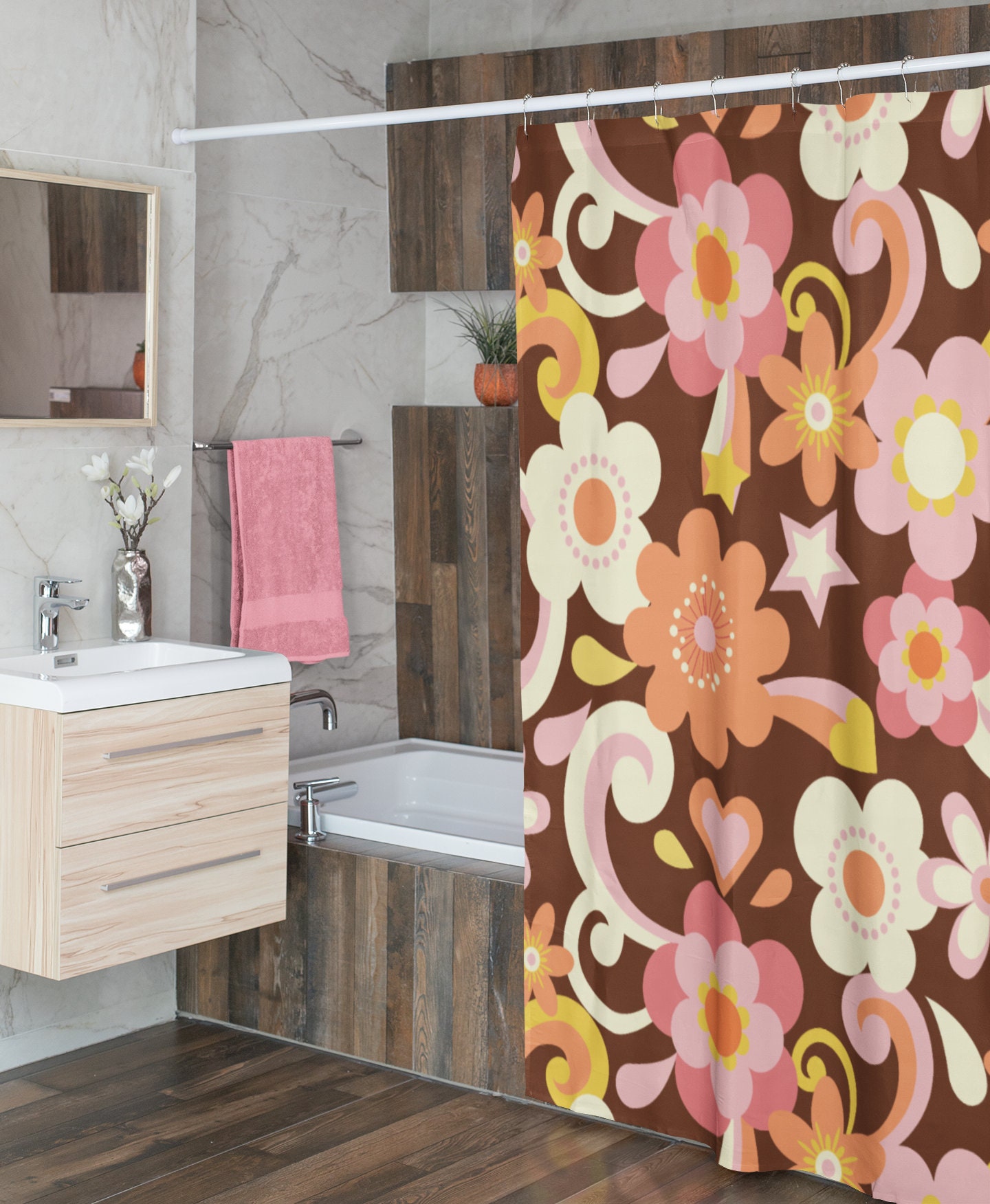 Retro Flower Power Shower Curtain, 70's Inspired Bathroom Decor, Unique Bathroom Accessory