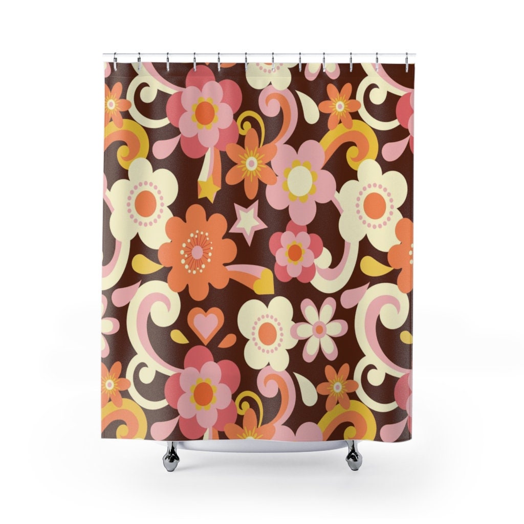 Retro Flower Power Shower Curtain, 70's Inspired Bathroom Decor, Unique Bathroom Accessory - Image 2