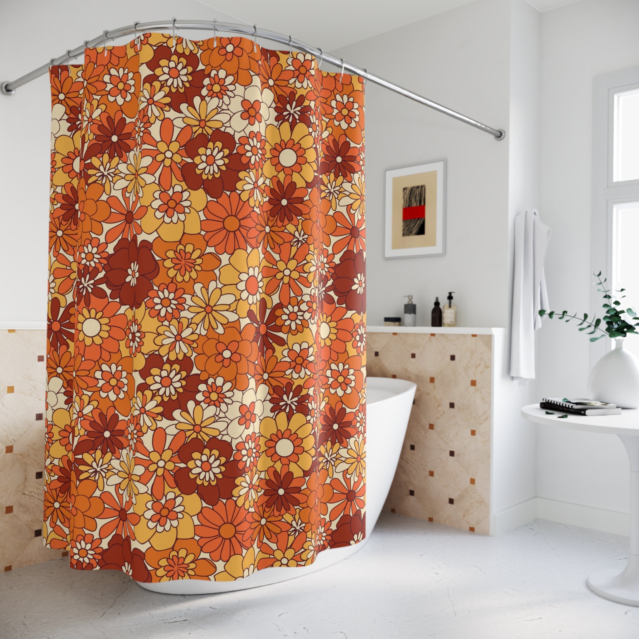 Retro Flower Power Shower Curtain for 70s Hippie Bath Decor - Image 3