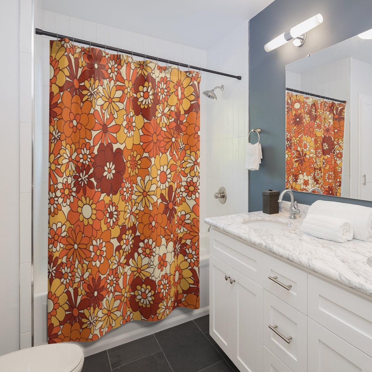 Retro Flower Power Shower Curtain for 70s Hippie Bath Decor - Image 4