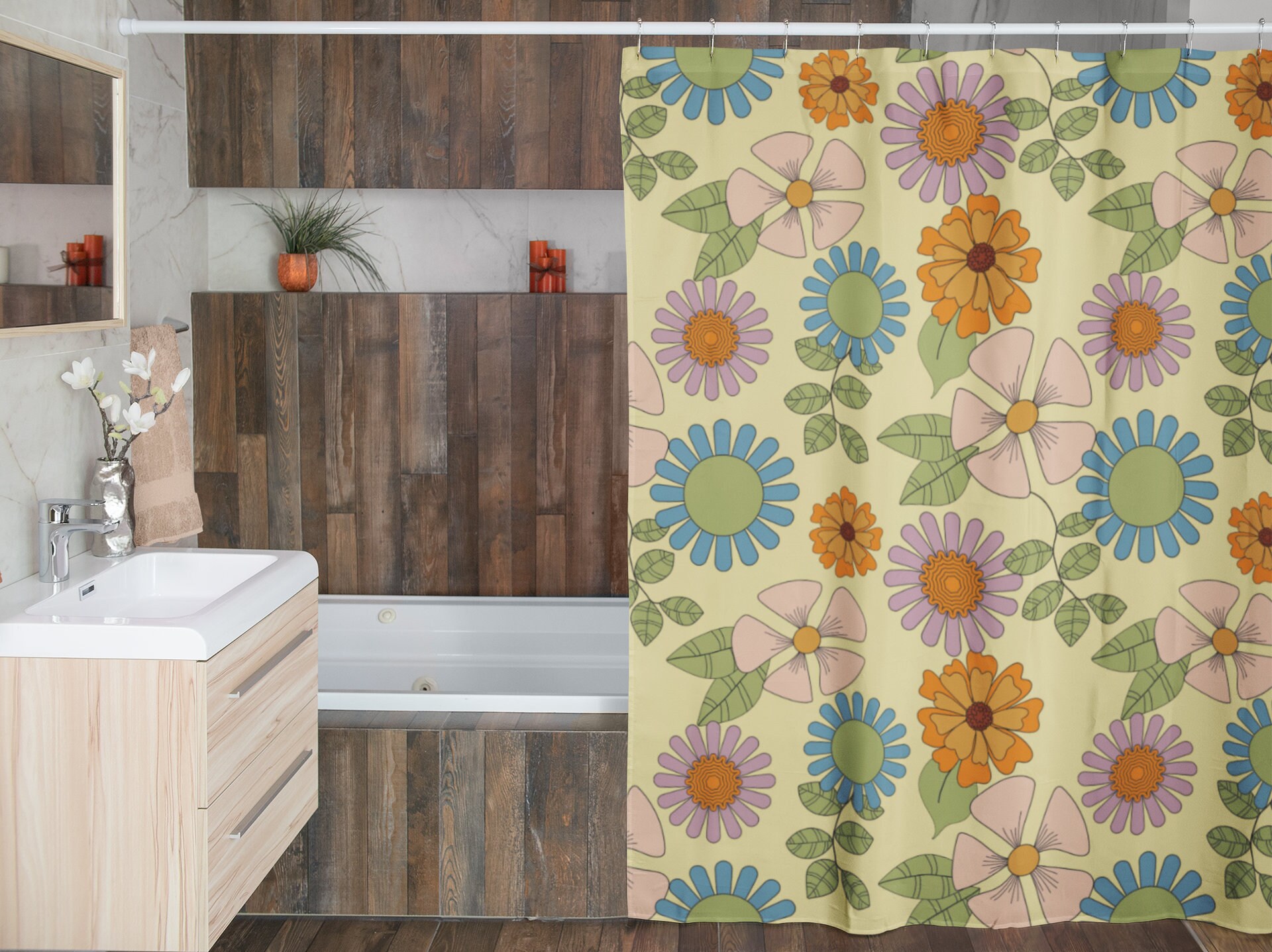 Retro Flower Shower Curtain, Hippie Inspired Bathroom Decor, Tub Curtain