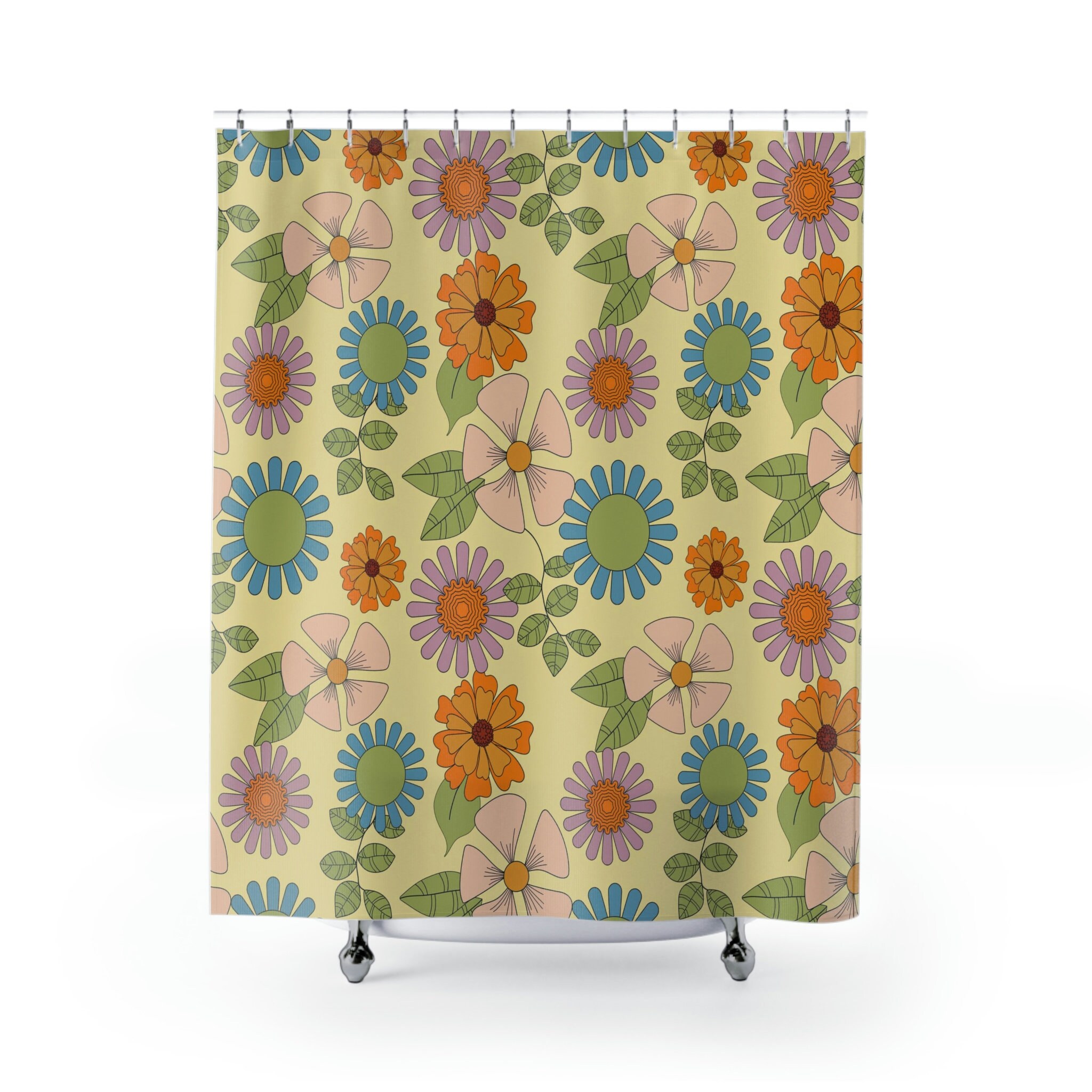 Retro Flower Shower Curtain, Hippie Inspired Bathroom Decor, Tub Curtain - Image 2