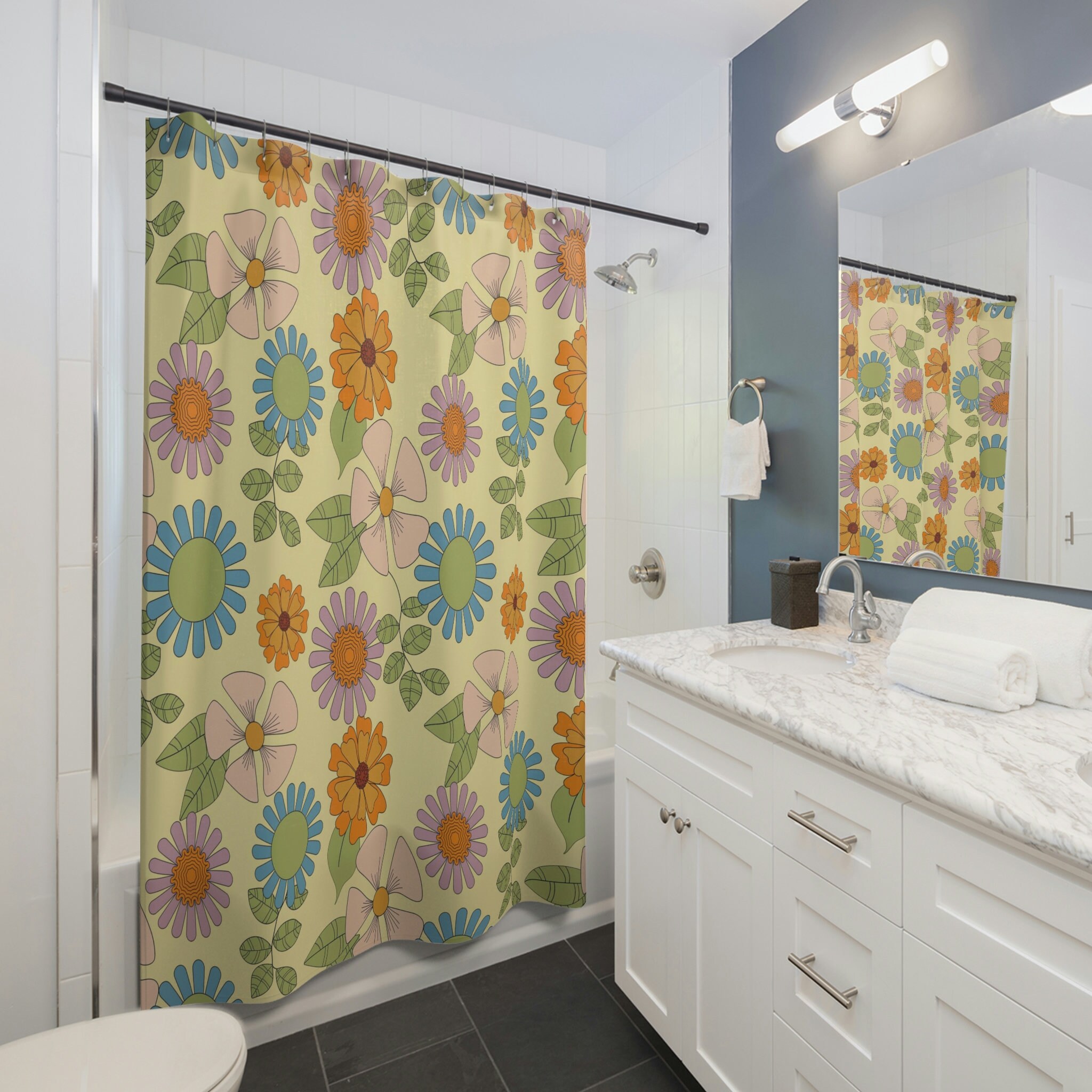 Retro Flower Shower Curtain, Hippie Inspired Bathroom Decor, Tub Curtain - Image 3
