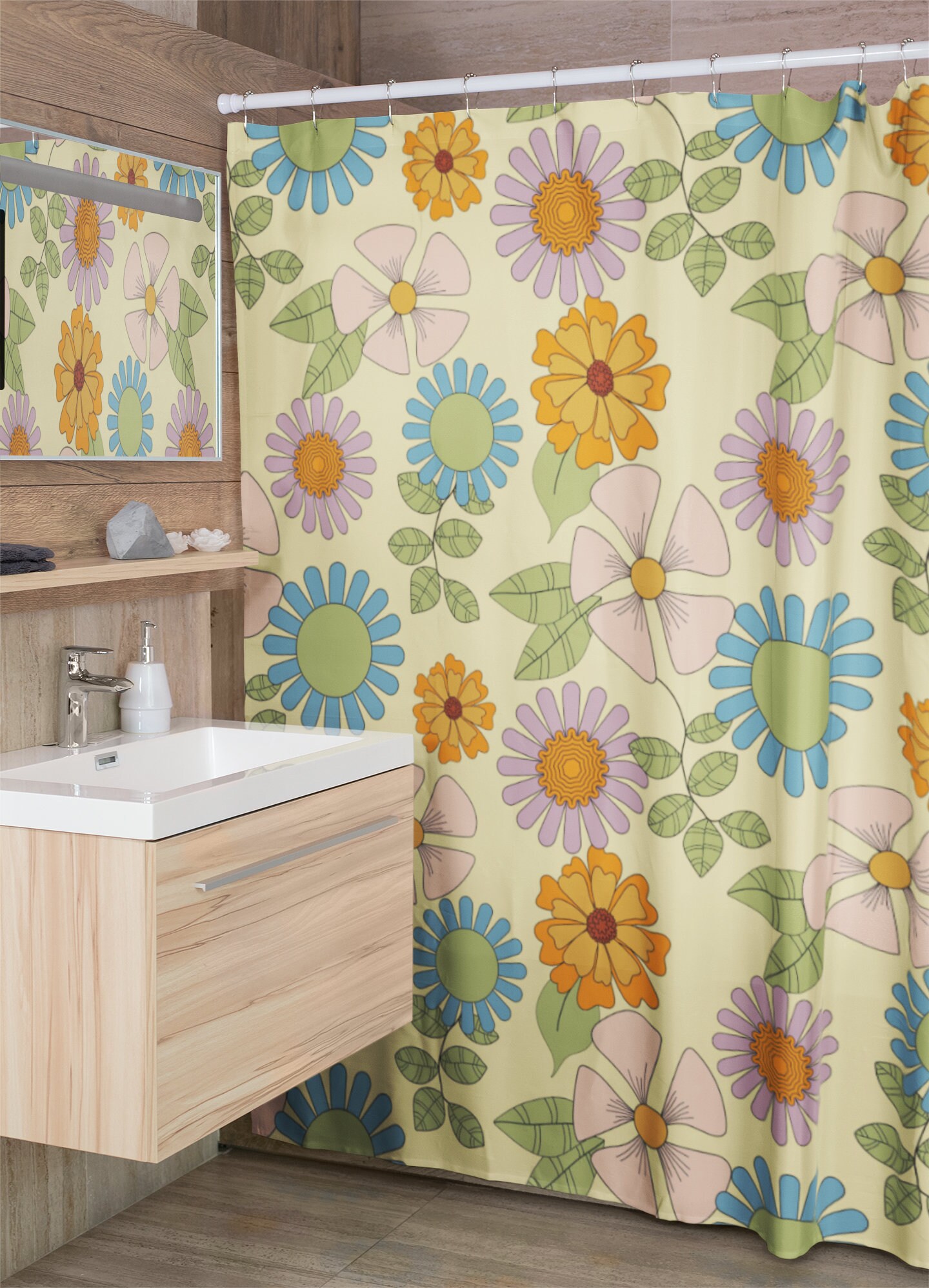 Retro Flower Shower Curtain, Hippie Inspired Bathroom Decor, Tub Curtain - Image 4