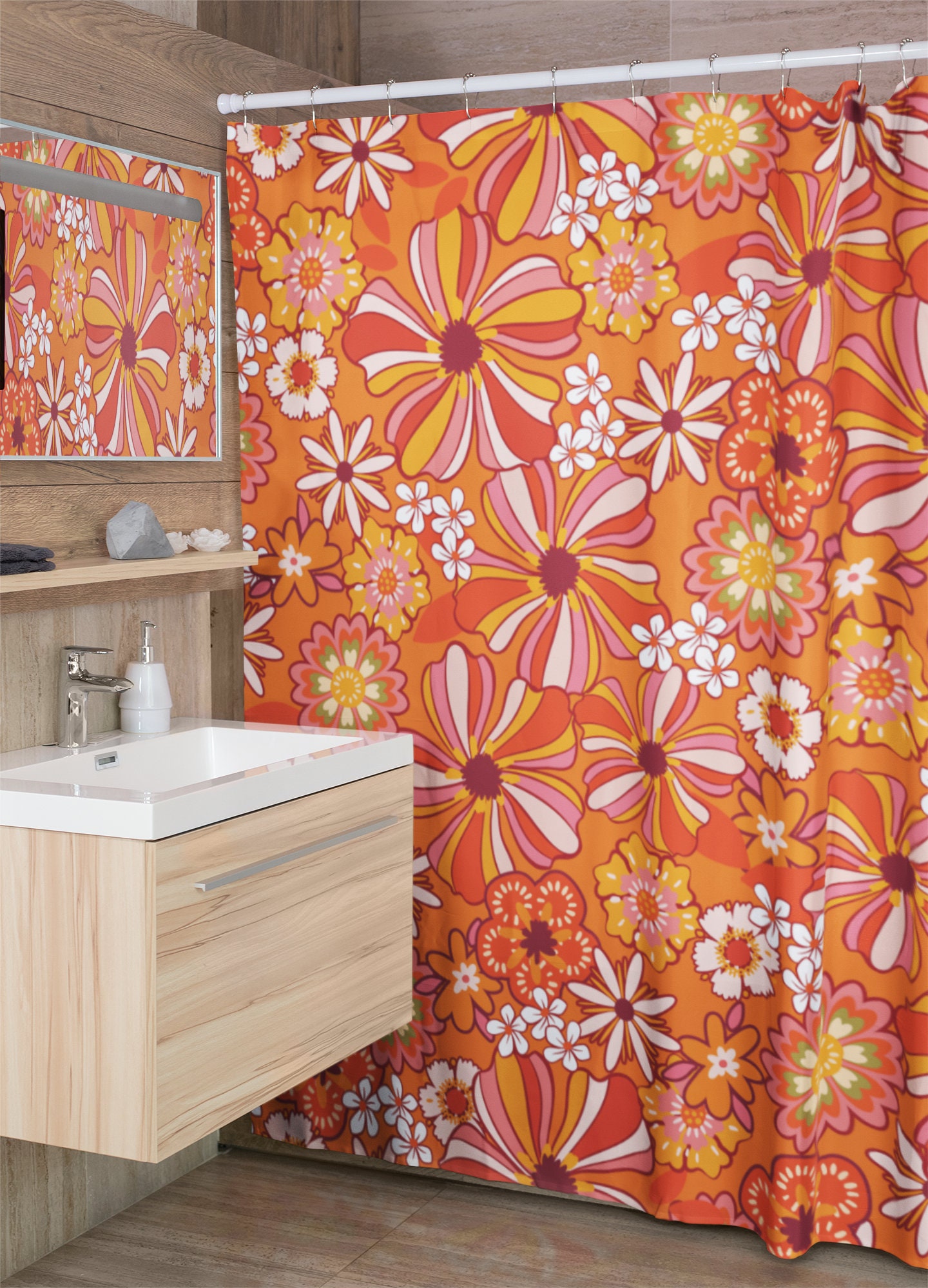 Retro Flower Shower Curtain, Hippie Inspired Bathroom Decor, Vintage Bathroom Accessory