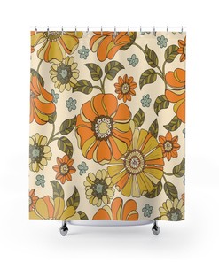 Retro Flowers Bath Accessory Set, Waffle Weave Shower Curtain and Towels