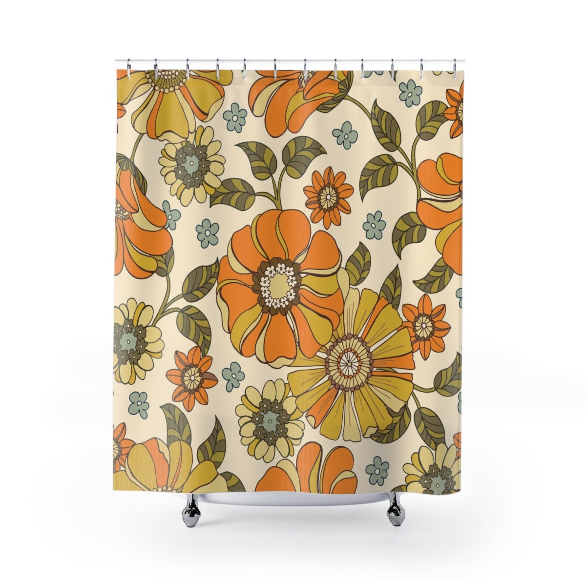 Retro Flowers Bath Accessory Set, Waffle Weave Shower Curtain and Towels
