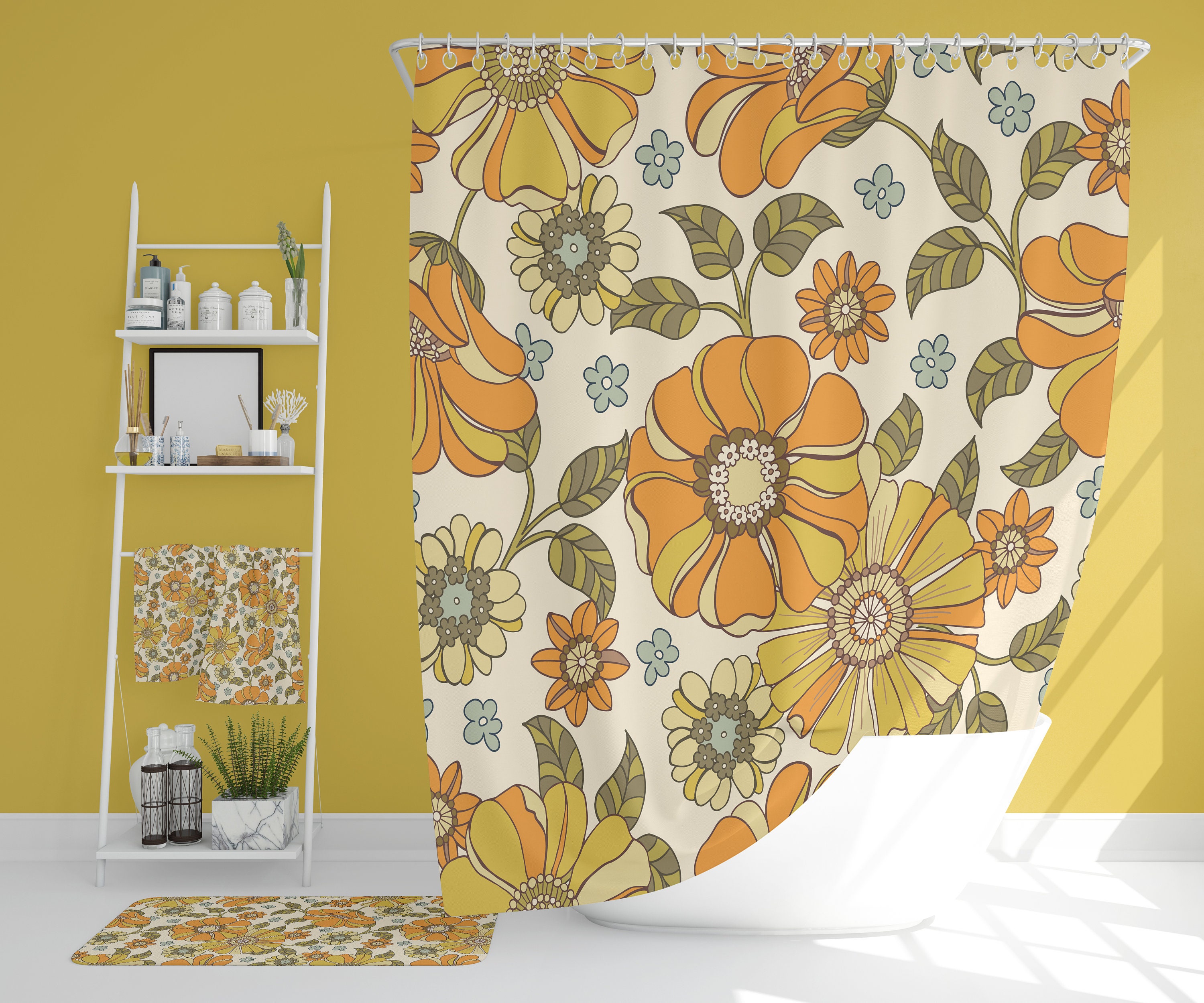 Retro Flowers Bath Accessory Set, Waffle Weave Shower Curtain and Towels - Image 2