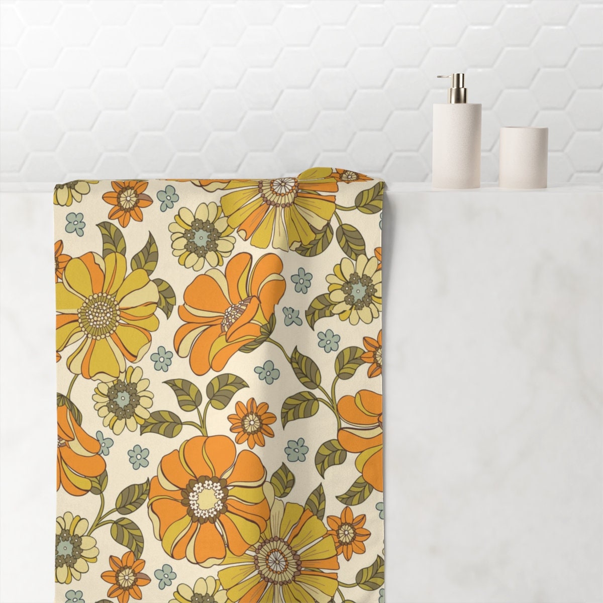 Retro Flowers Bath Accessory Set, Waffle Weave Shower Curtain and Towels - Image 3