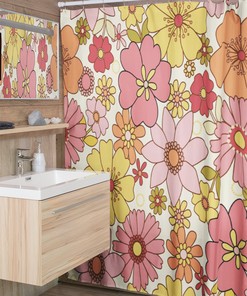 Retro Flowers Inspired Shower Curtain, Boho 60's 70's Hippie Bathroom Accessory, Vintage Curtain with Elegant Charm