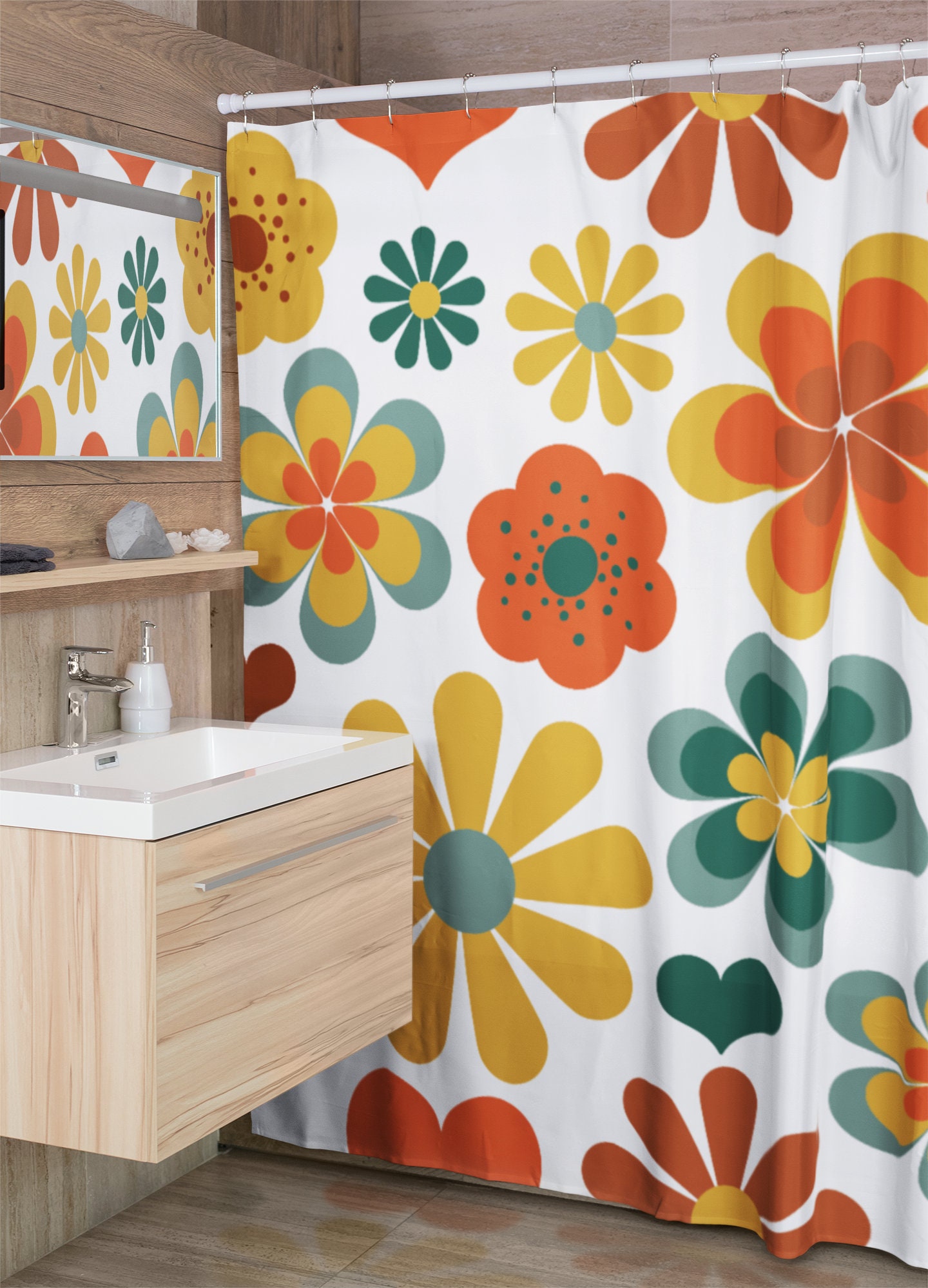 Retro Flowers Mod Boho Shower Curtain, 1970's Hippie Groovy Bathroom Decor with Colorful Designs